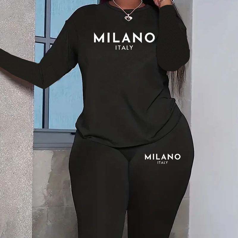 

Plus Size Crew Neck Long Sleeve Top And Leggings Set, Italy Letter Print, Polyester Knit Fabric With Medium Stretch, Casual Sportswear Suit Set