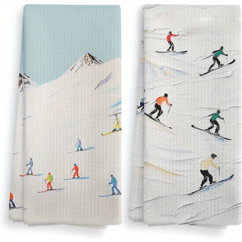 

2pcs Polyester Kitchen Towels - 18x26 Inch, Christmas Ski Theme Dish Cloths & Hand Towels For Winter Decor And Gifts, Christmas, , Kitchen Towels, Dish Cloths, Ski Ornaments