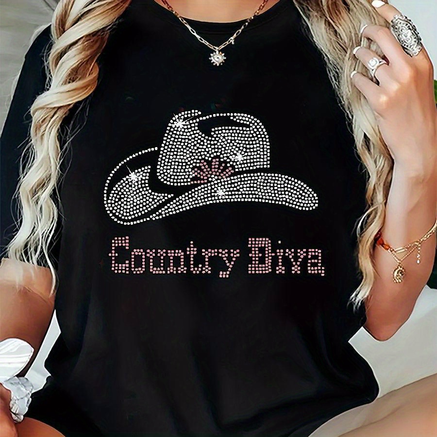 

Plus Size "country " Graphic Tee For Women - Casual & Comfy, Oversized Loose Fit With Sparkling Cowboy Hat Design, Short Sleeve, Round Neck, Polyester - Spring/summer/fall, Plus Size Tee