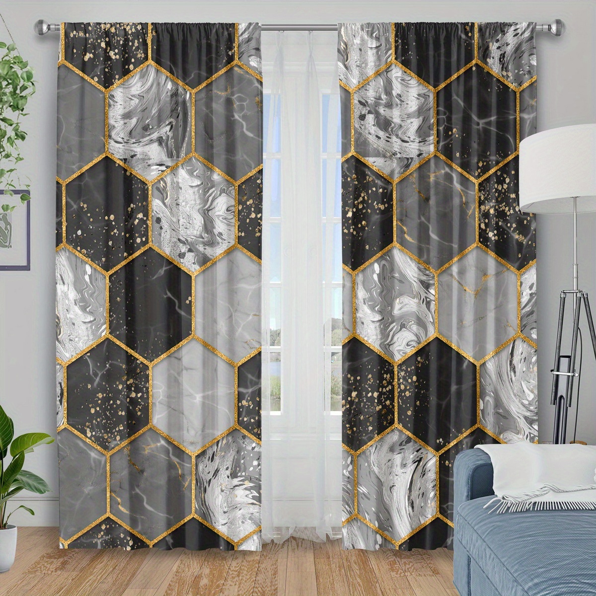 TEMU 2pcs Curtain Fabrics Geometric Black Grey Marble Hexagon With Golden Glitter Pattern Curtainsinsulation Blackout Curtains For Bedroom Kitchen