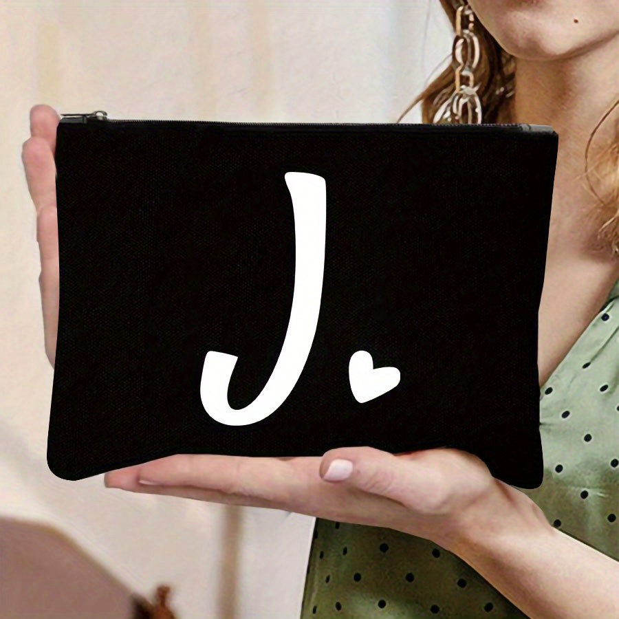 TEMU 1pc Initials Printed Women's Makeup Bag, Black Small Bag, Letters A-z, Cosmetic Bag, Portable Wash Bag, Teacher's Day Gift, Reusable Makeup Bag,