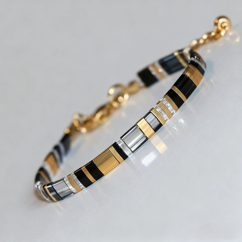 TEMU Bracelet plat 2D - Bracelet en perles de verre noir, chaîne de perles plates, bijoux minimalistes