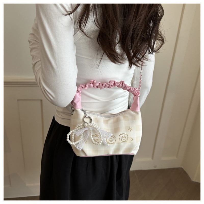 Plaid Ruched Handle Hobo Bag With Pearl Bow And Chain Shoulder Bag_voghion.com