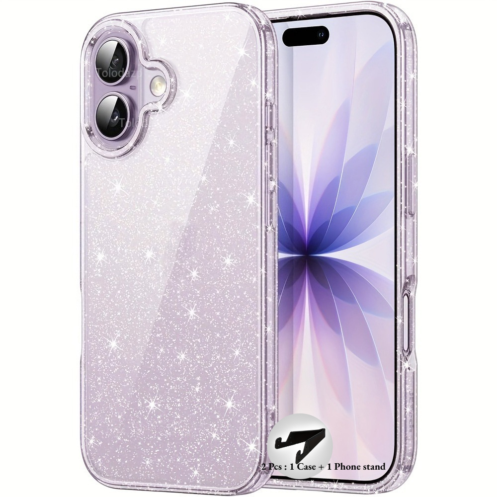 TEMU Phone Case - 2pcs: 1 Case And 1 Phone Stand Sparkling Glittery Starry Transparent Phone Case | Flexible For Multiple For Iphones Including For