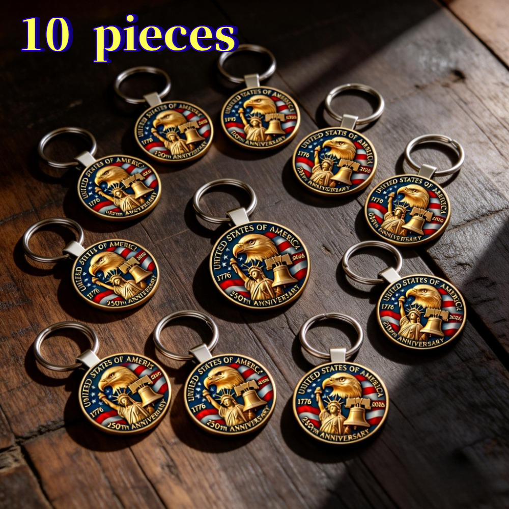 TEMU 2d Flat - 10 Pack Of 2d Flat American 250th Anniversary Keychains | Patriotic Souvenir For Day Celebrations And , Alloy With Lobster