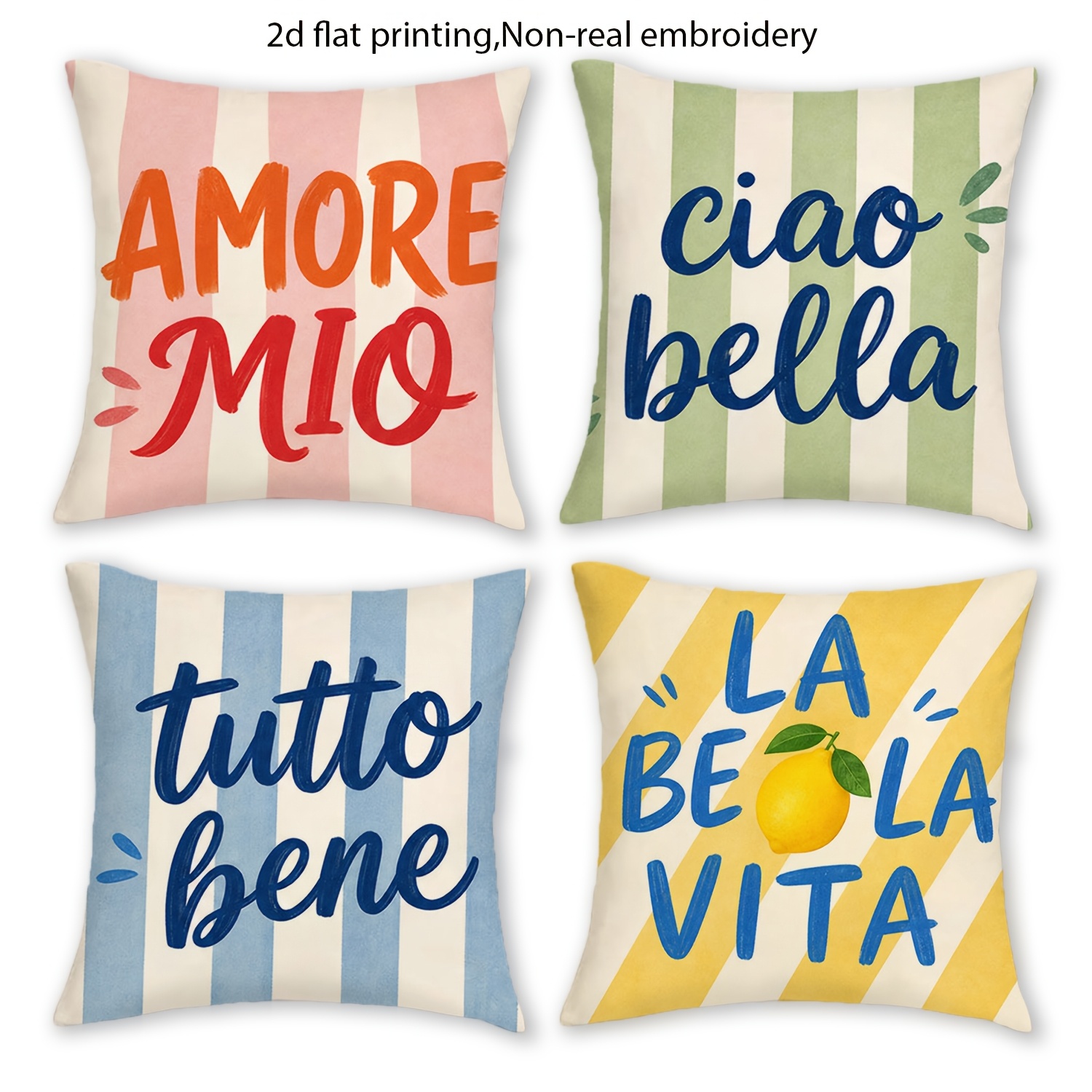 TEMU Parure de 4 taies d'oreiller italiennes fraîches à rayures et slogan, housses de coussin décoratives broderie, plusieurs tailles disponibles,