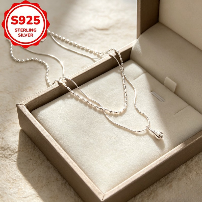 S925 Sterling Silver Double Layered Water Drop Pendant Necklace