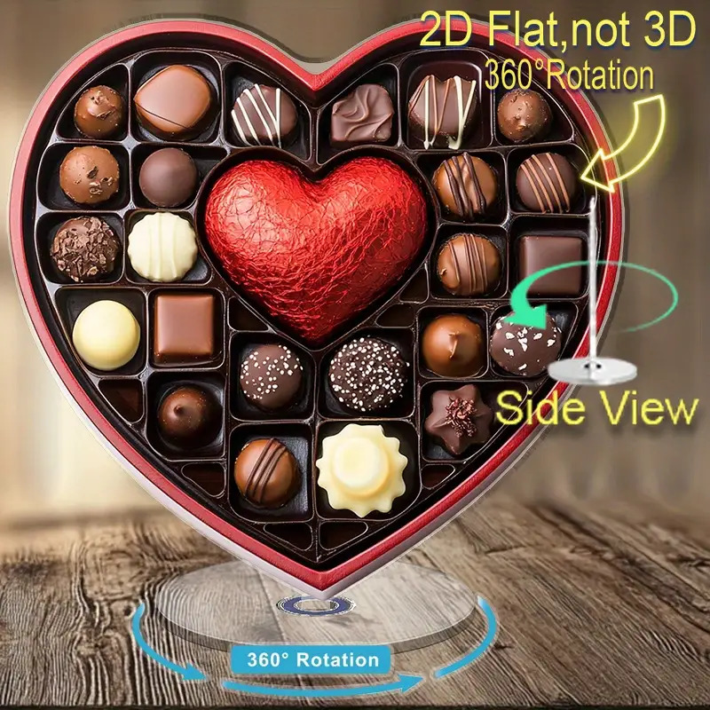 TEMU 2d Flat, 360° Rotating Heart-shaped Chocolate Gift Box With Assorted Chocolates - Plastic Desktop Decoration For Valentine's Day, Holidays,