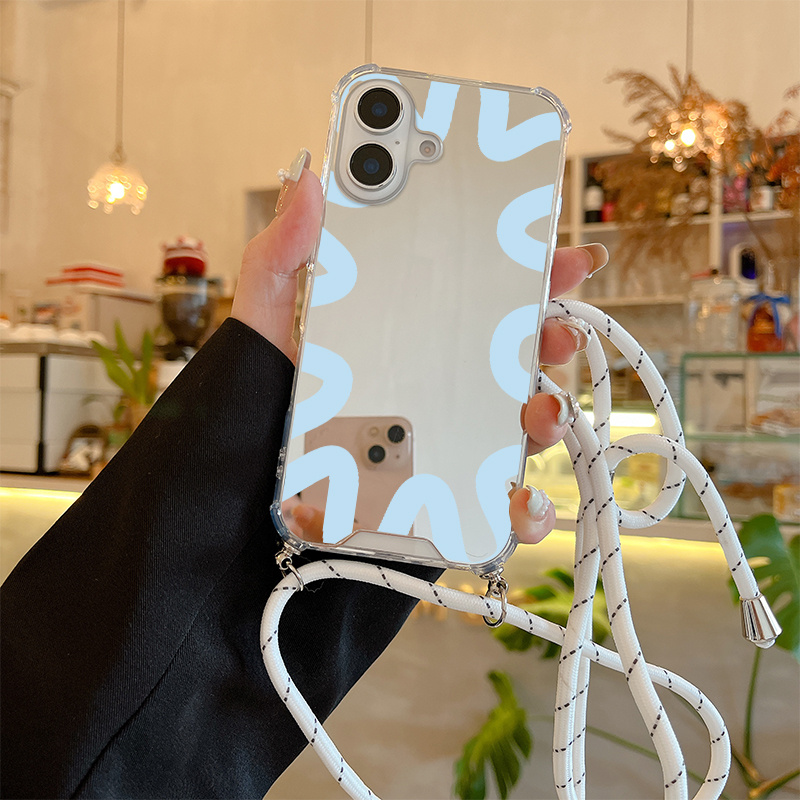 TEMU 2025 New Luxury Creative -one Shock-resistant Design Blue Curve Box Pattern Mirror Hanging Cord Phone Case For Iphone Models 16, 15, 14, 13, 12,