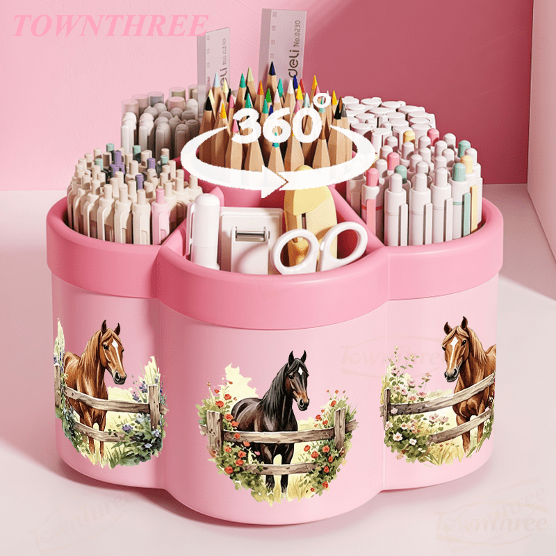TEMU 1pc Rotatable Pen Holder And Cosmetic Organizer | Horse Pattern - 360Â° Rotating Convenient Desktop Storage Box | Large Capacity Portable