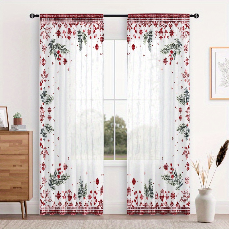Set Of 2 Window Screens - Festively Designed With A Poinsettia Border, Transparent Curtains Are Perfect For…: retailer-supplied image