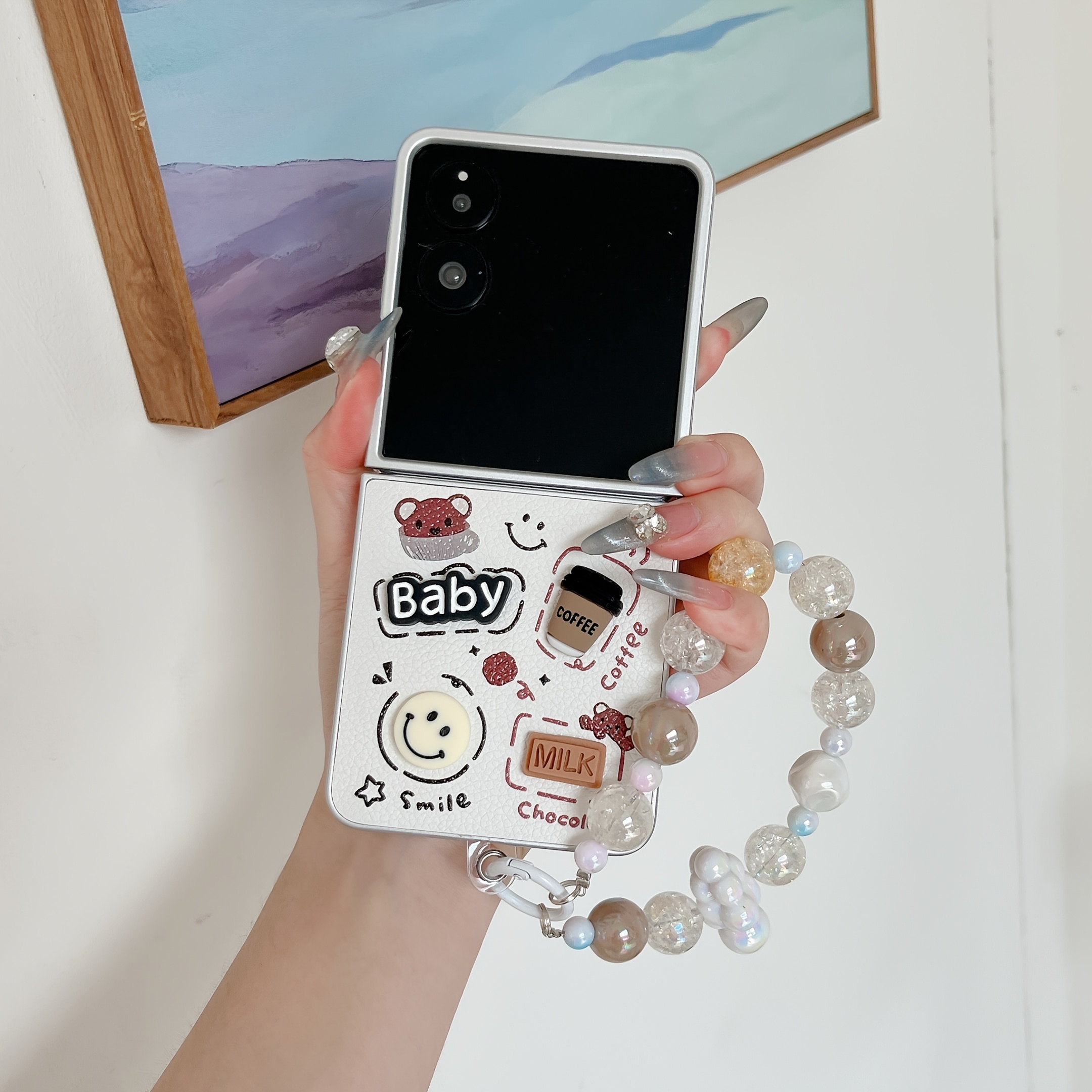 TEMU Coque de téléphone - Une coque de téléphone pliable avec un 3D de dessin et un café, avec une dragonne, compatible avec Galaxy Z Flip 3, 4, 5, 6