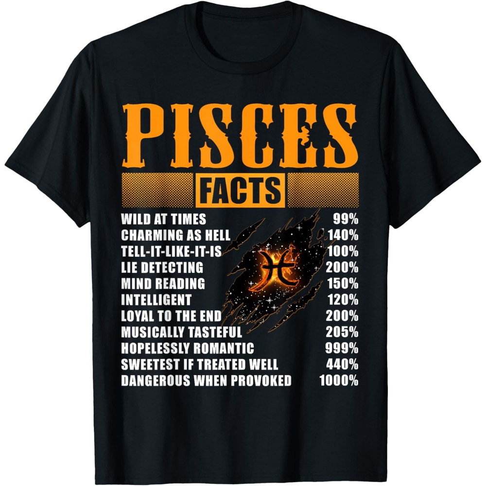 

Pisces Zodiac Facts T-shirt - Cotton Casual Tee With Stretch, Round Neck, Short Sleeve - Perfect Birthday Gift For Pisces, Machine Washable - Sizes S To Xxxl