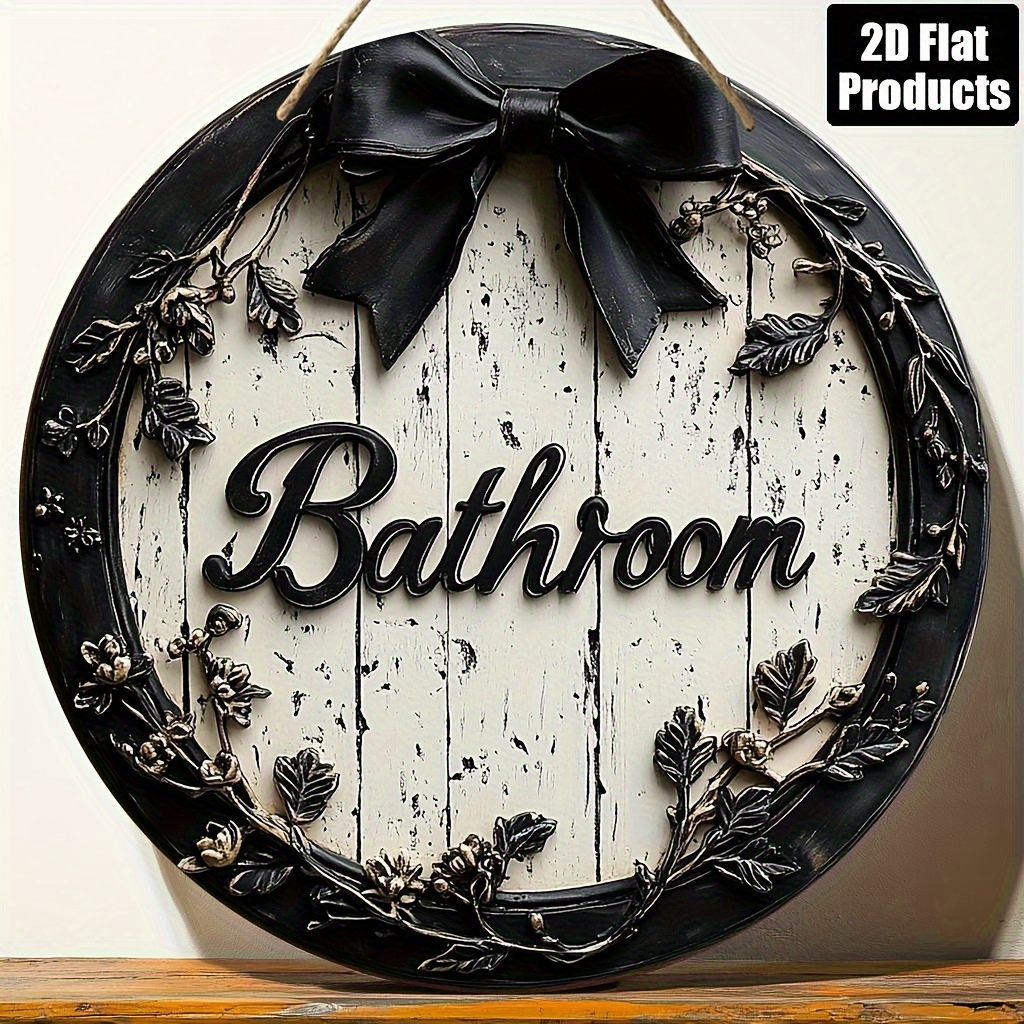 TEMU 2d Flat - Country Style Bathroom Theme Decor Wooden Round Flat Sign, Suitable For Bar Kitchen Office Decoration, Holiday Gift, 8x8inch, 2d Flat