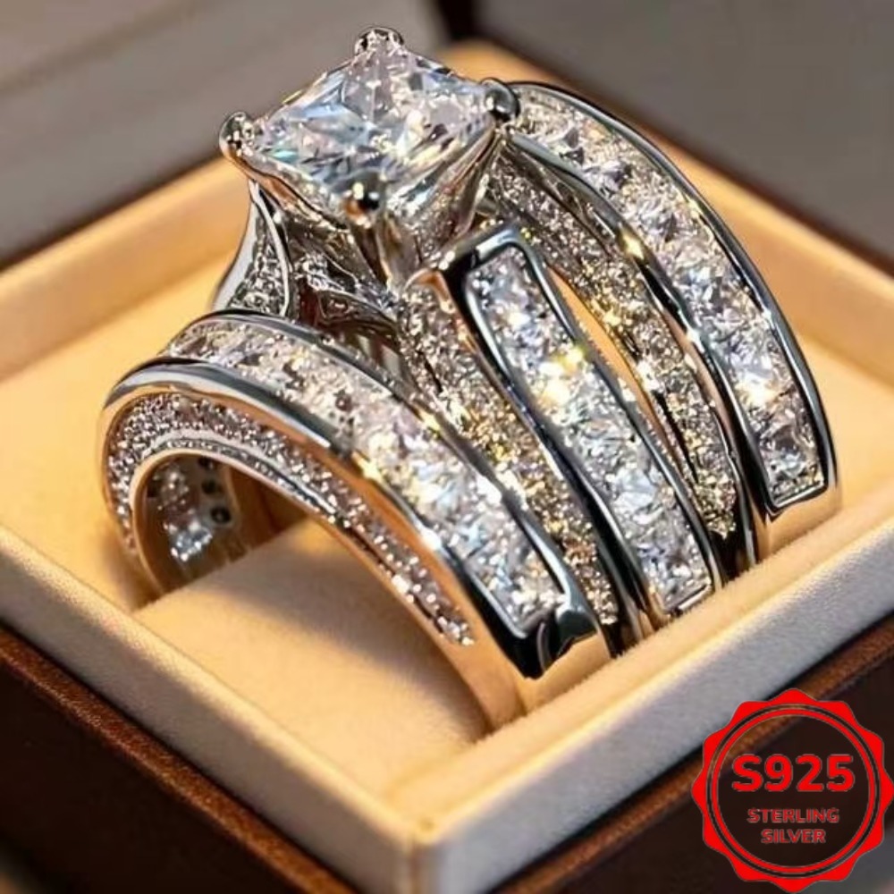 TEMU Ensemble de 3 bagues de fiançailles en argent sterling 925, bijoux élégants pour demande en mariage, luxueux, incrustés de moissanite, coupe