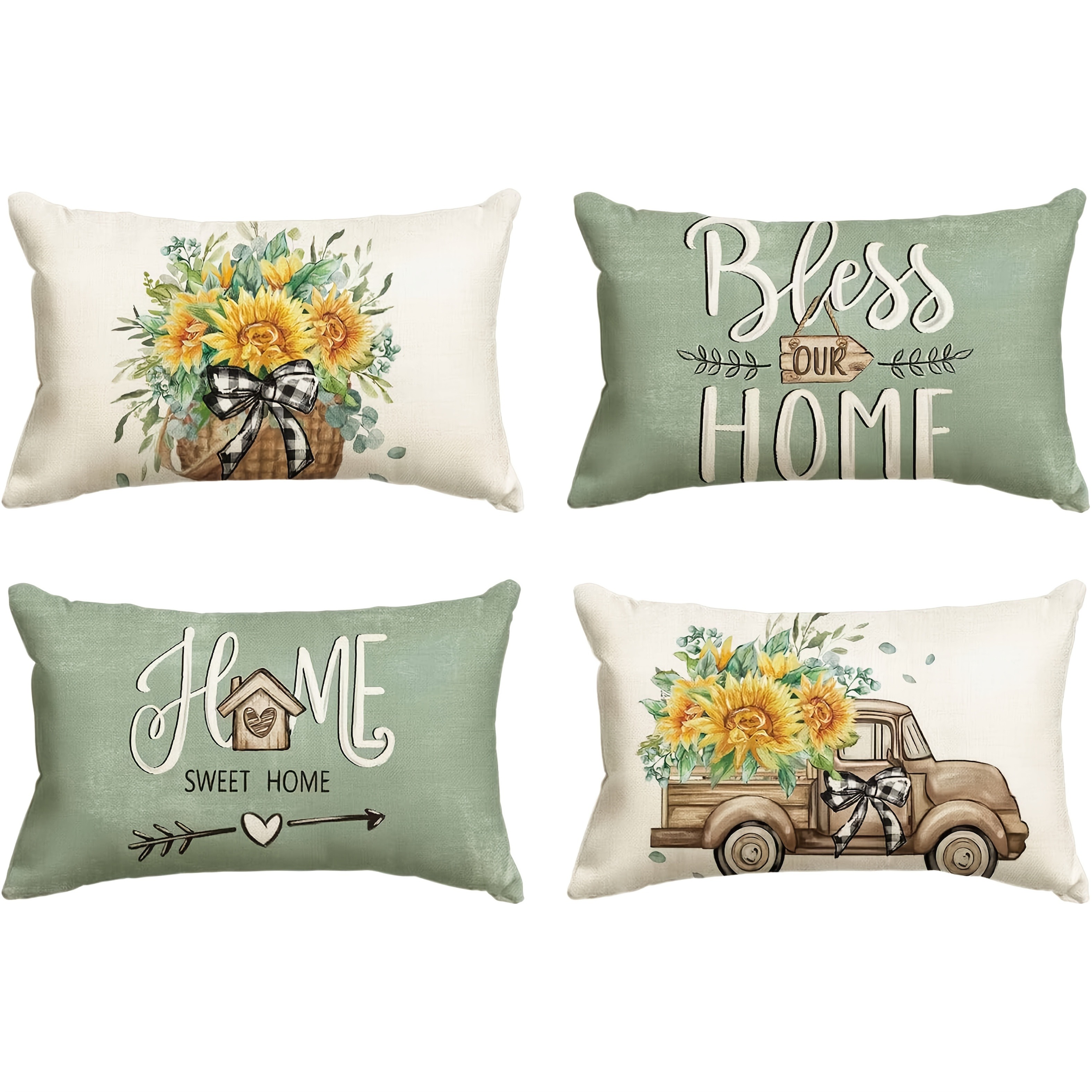 TEMU 4pcs Sunflower And Eucalyptus Lumbar Pillow Covers - Seasonal Spring/summer Decor With Vintage Truck Design, Zipper Closure, Decor | Vintage
