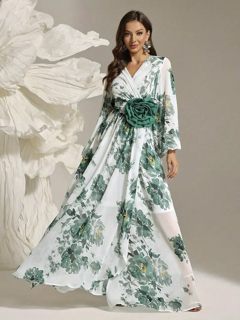 womens elegant full floral print maxi dress with three dimensional flower embellishments classic romantic long gown for office banquet casual wear 2025 new arrival Product details 0