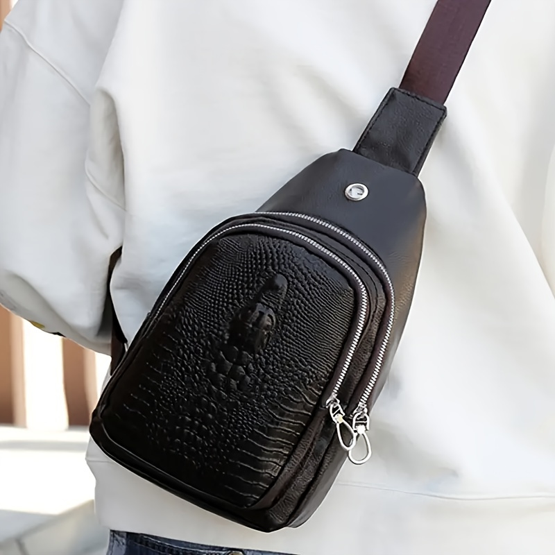 [Men's Chest Bag] Lightweight, Durable Men's Chest Bag | Stylish Crocodile Pattern with Earphone Hole | Black Animal Print Design, Polyester Lining, Hand Wash or Dry Clean for Outdoor Travel, Casual Outings, and Daily Use