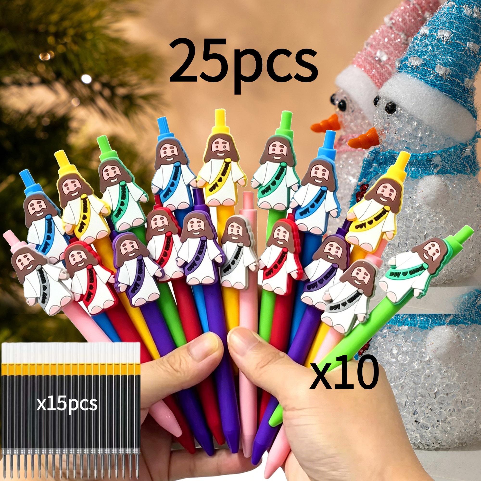 TEMU 25pcs Cartoon Religious Themed Click Pens Set With 10 Pens + 15 Refills, Featuring Cute Jesus-themed Stickers On The Pen Tips. The Multi-colored