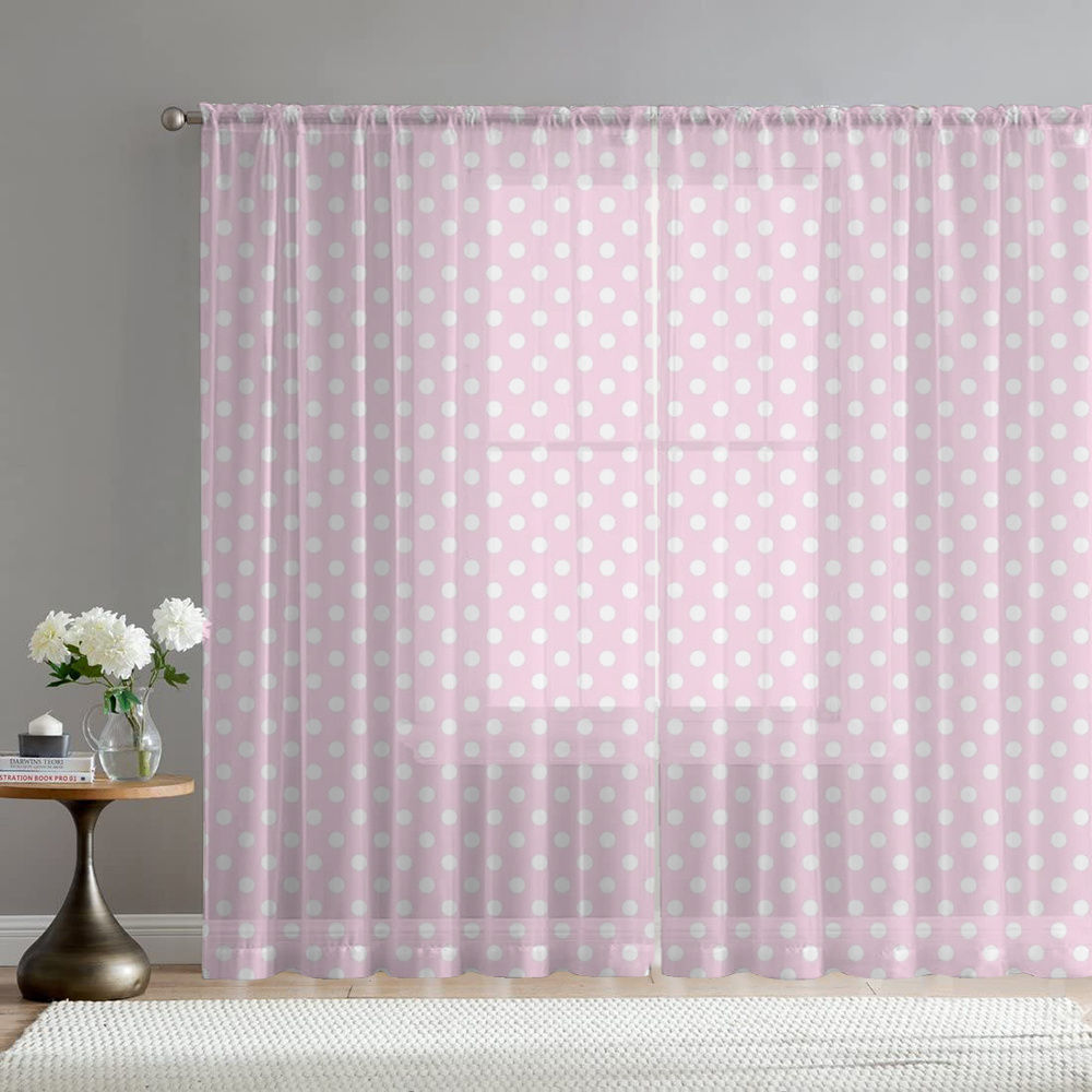 TEMU 2pcs Pink Polka Dot Easy And -style Printed Home Decor Sheer Curtains, Modern Flowing Window Voile, Suitable For Kitchen, Cafe, Dining Room,