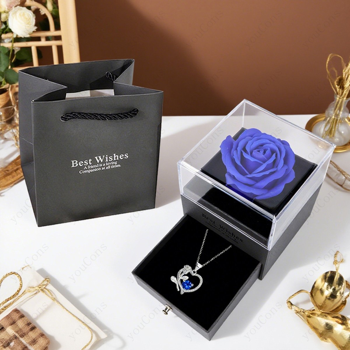 Women's Luxurious Deep Blue Synthetic Zirconia Heart Rose Pendant Necklace