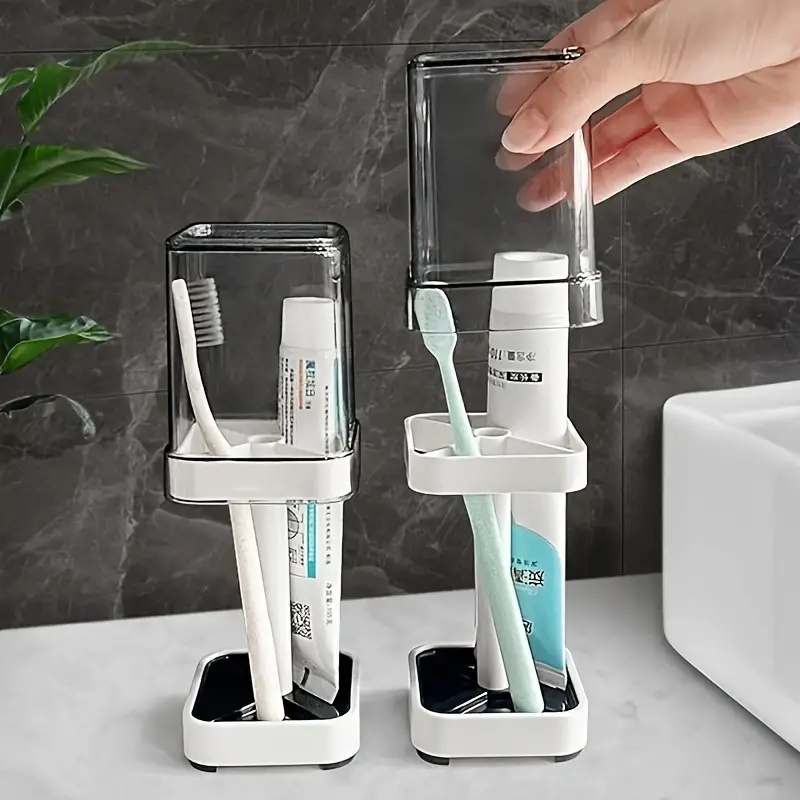 1pc white plastic toothbrush holder with cup lid compatible with traditional toothbrushes 3 slot bathroom countertop organizer for electric toothbrushes dental floss razors no electricity needed toothbrush hygiene modern toothbrush holder   toothbrush and toothpaste holder details 0