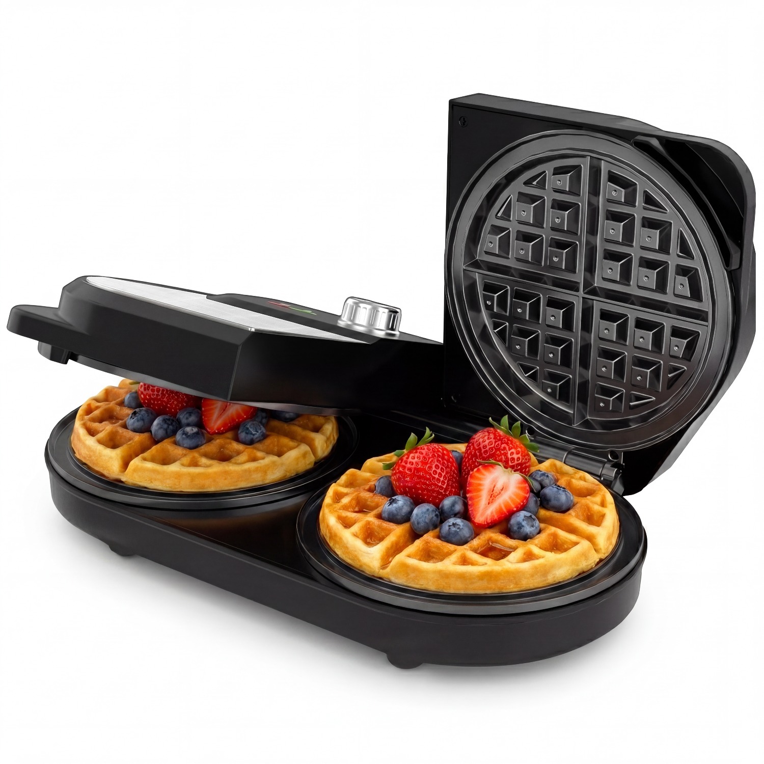 Double Waffle Maker, 1400w Belgian Waffle Maker With 6-inch Dual Nonstick Plates, Stainless Steel With Temperature Control, Handles For Breakfast & Snacks, Black