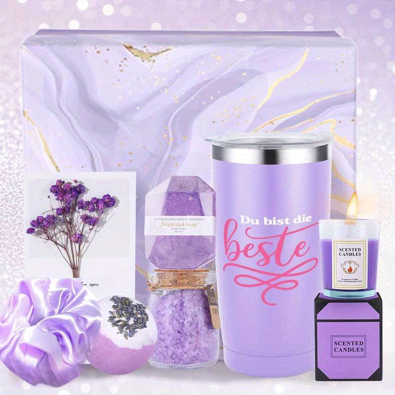 8-dijelni Ljubičasti Poklon Set za Kupanje za Žene - Morska Sol, Pješčana Sol, Spa Set, Rođendanski Poklon za Samoobavještavanje za Mamu, Suprugu ili Najbolju Prijateljicu, Savršen Poklon za Zahvalnost i Božić, Gumica za Kosu, Mirisna Svijeća, Kupaći Prašak, Bombice za Kupanje, Sapun, Poklon Kutija - Idealno za Sezonske Proslave