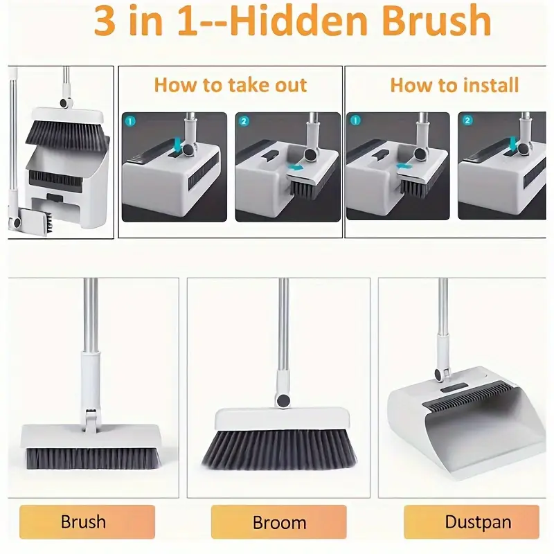 3 in 1 cleaning set foldable broom and dustpan combination multi functional multi surface cleaning tool durable plastic material suitable for home and Product details 6