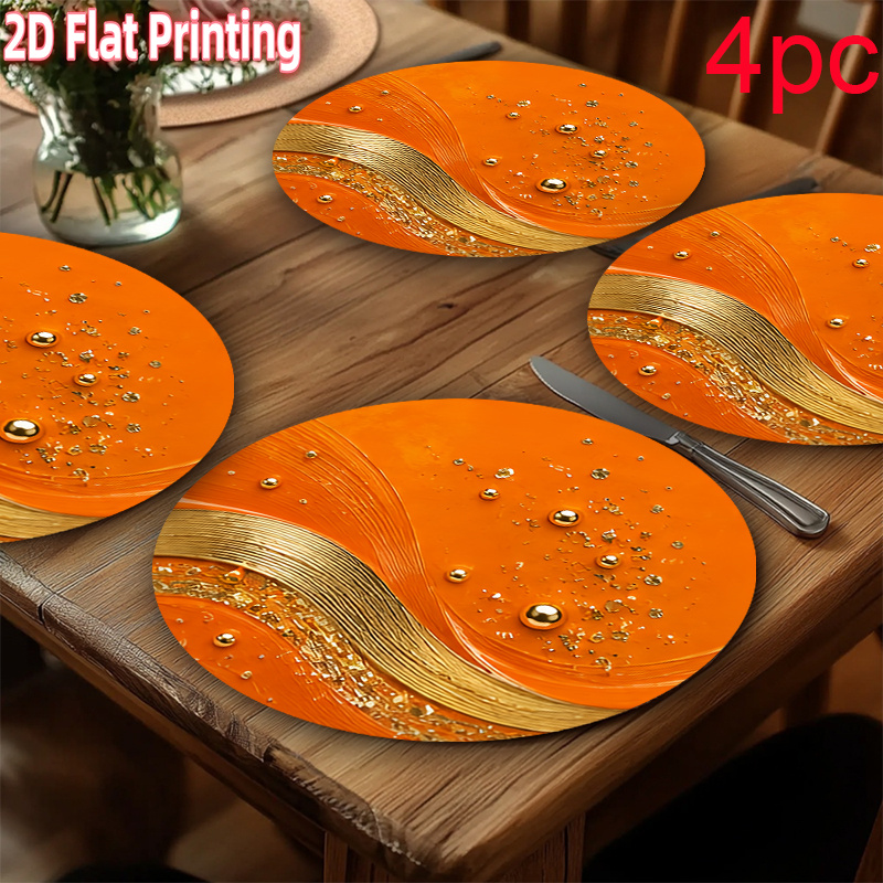 TEMU 2d Flat Printing Polyester Placemat - 4pcs Set Of Orange Ribbon Theme Round Placemats, 15x15 Inches, Non-slip And Heat-resistant Table Mats,