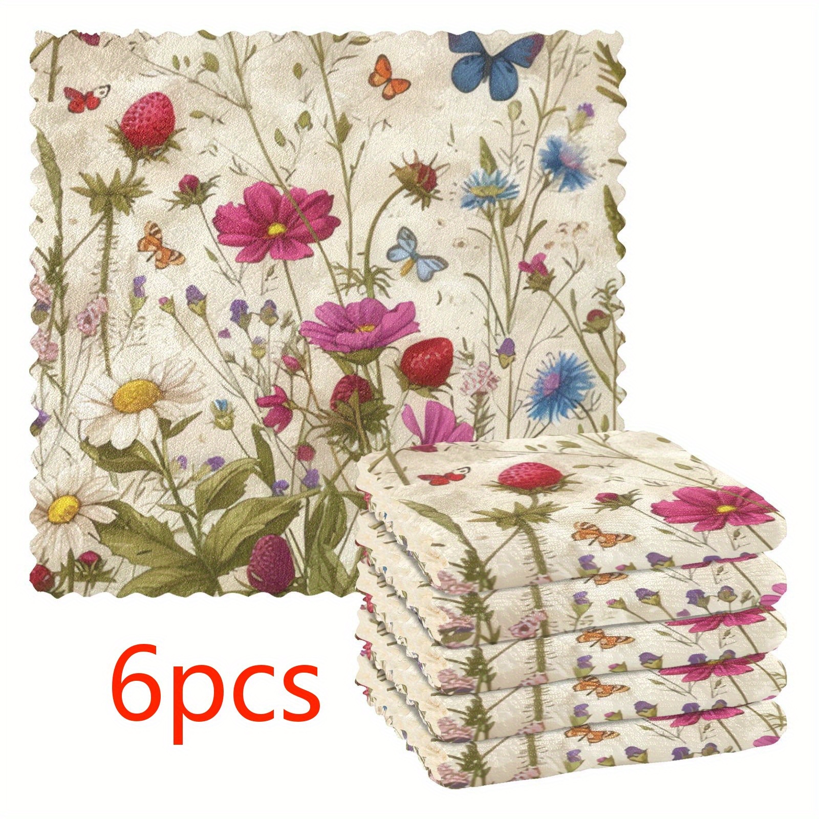 3/6/10-pack Kitchen Dishcloths With Floral Pattern, Reusable Cleaning Cloths, Super Absorbent Microfiber Scrub Pads, Thick Fleece, Travel Towels For Home And Restaurant Decor