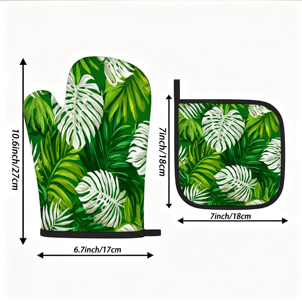 TEMU Ensemble de gants de cuisine et de dessous-de-plat avec motif de feuilles de Monstera et blanches, parfait pour la décoration de cuisine, la