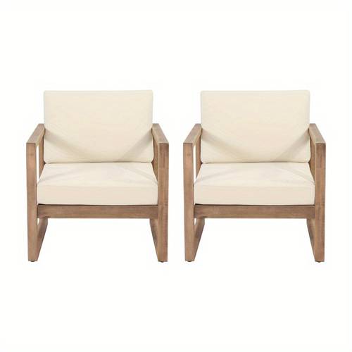 set of 2 outdoor acacia wood patio club chair wood patio furniture waterproof thick cushion deep seating for porch garden backyard balcony brown wash and beige cushion