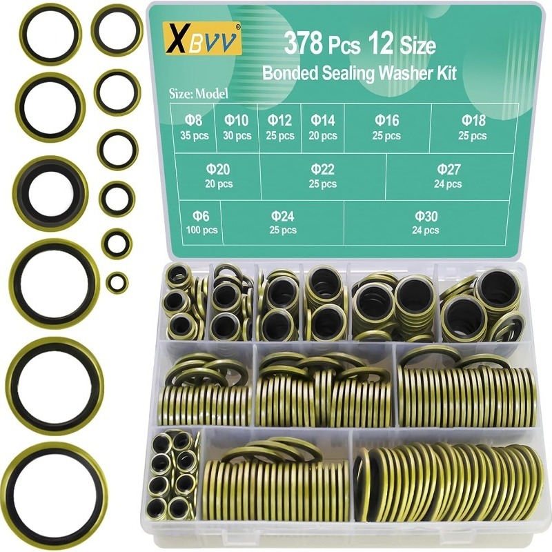 E-shop 378-teiliges Hochleistungs-Metallverbund-Unterlegscheiben- & Selbstzentrierendes Dichtungssatz-Kit (M6-M30) – Kompatibel für Automotive,