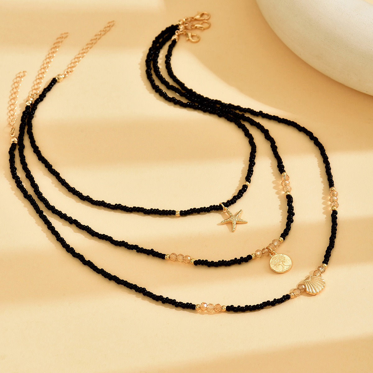 3 Pack Bohemian Style Choker Necklace Set with Starfish Shell Pendant