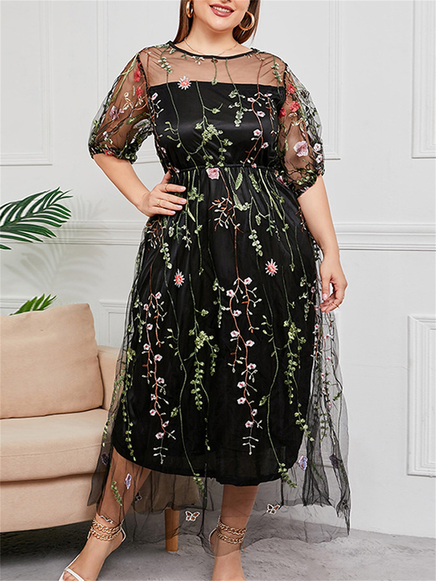 green emerald velvet dress Pink Floral Embroidered Chiffon Dress - Midi Dress main image 1