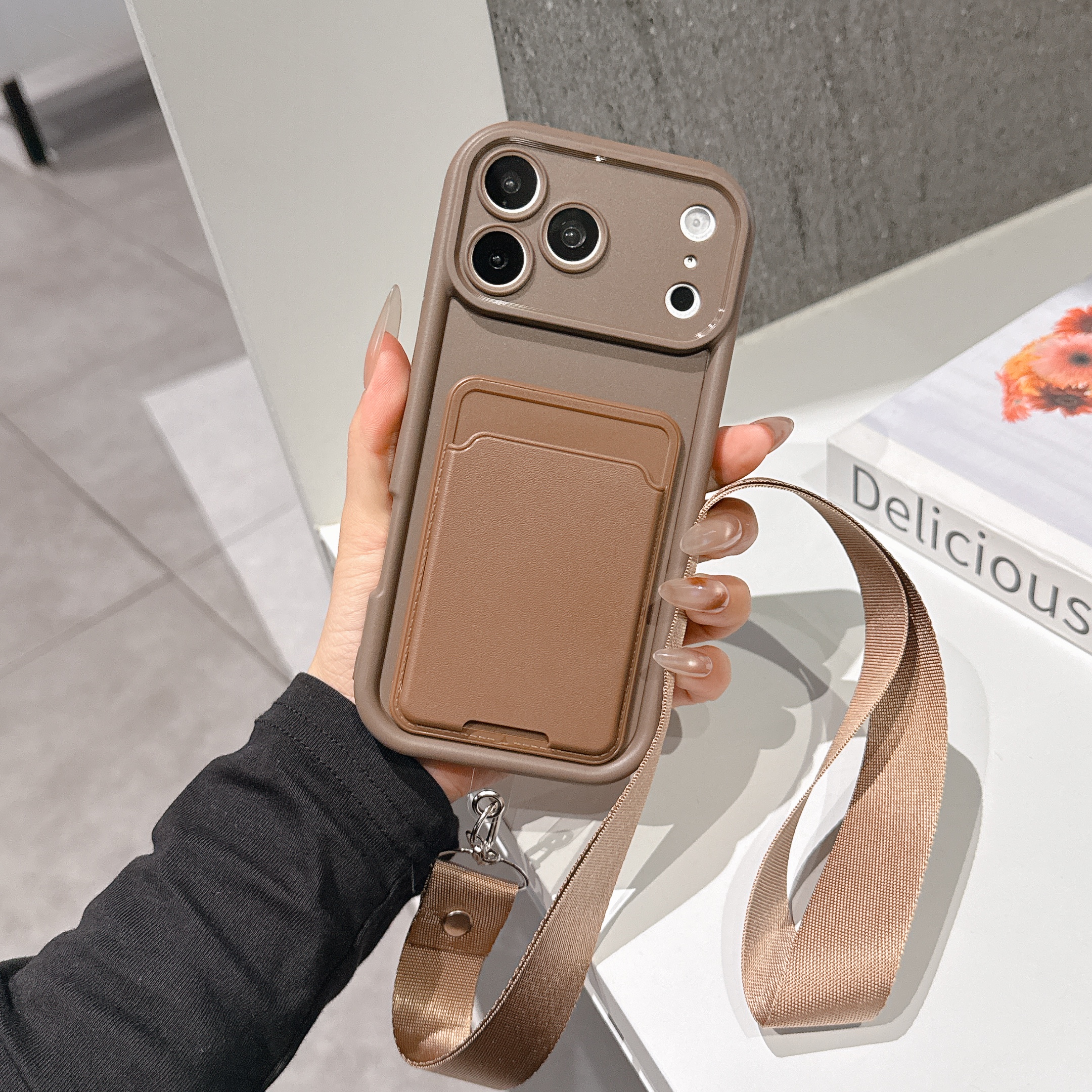 TEMU Phone Case - Fashion Minimalist Solid Color With Card Slot Card Bag Lanyard Phone Case, Equipped With Detachable Lanyard, Suitable For Iphone