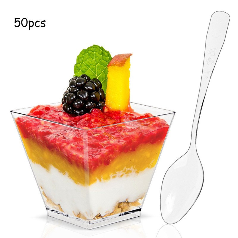 TEMU 50 Pack Plastic Mini Square Dessert Cups With Spoons, Plastic Parfait Appetizer Cup, Disposable Plastic Cups For Puddings Mousse Desserts