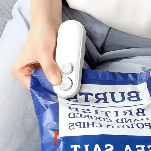 portable snack sealer manual plastic bag sealing machine usb charging rechargeable 150mah lithium battery suitable for use in 6 important scenes school kitchen home outdoor and other occasions household magnetic absorption hand press type plastic bag seal