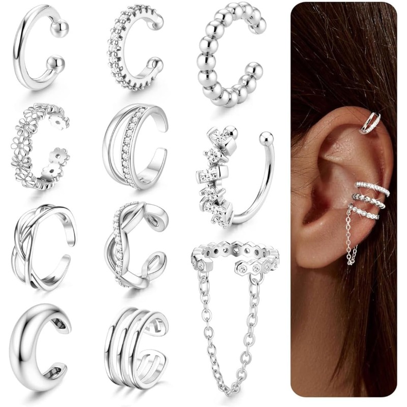 Image of Ear Cuff No Piercing For Women - 11pcs Clip-on Earrings For Non-pierced Ears Adjustable Ear Cuffs No Piercing Fake Earrings Non-tarnish Golden/silvery Fake Cartilage Helix Earring Stack