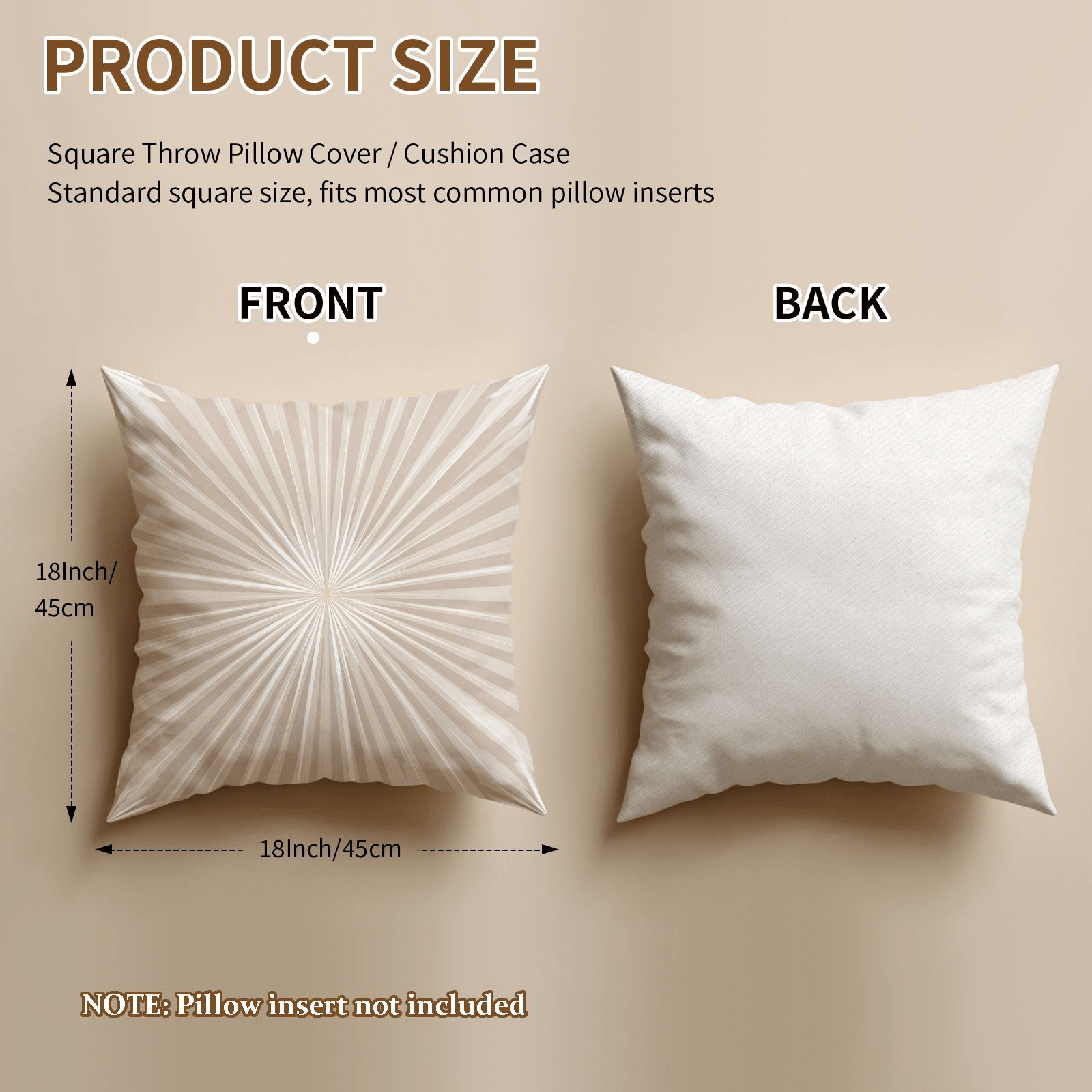 Set of 2 Light Beige Outdoor Cushion Covers, Decorative Throw Pillow Cases for Patio, Garden, Balcony, Yard, 45.72X45.72 cm, Soft Durable Polyester, Pleated Design for Enhanced Outdoor Comfort