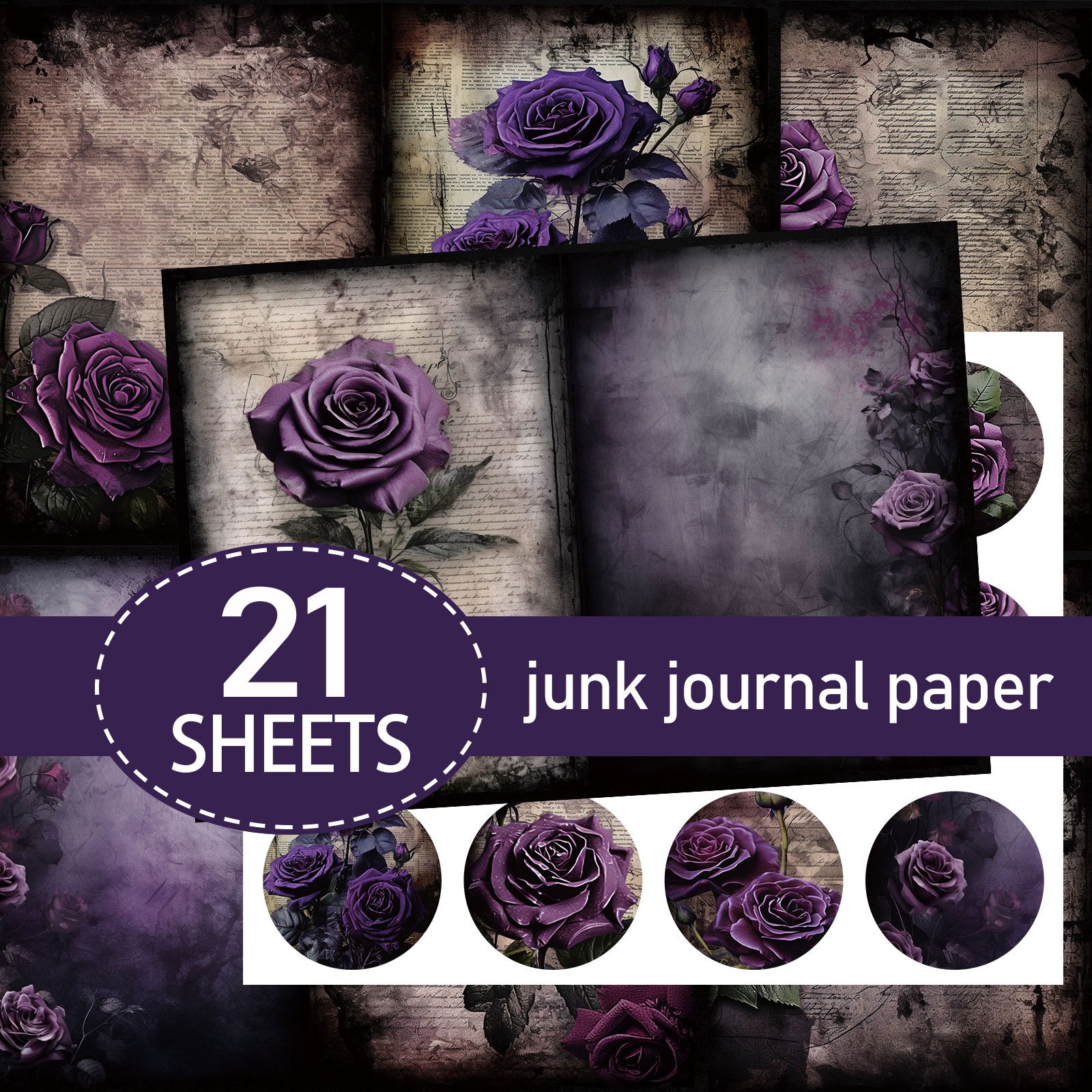 TEMU 21 feuilles de papier A5 (papier et autocollants), style rose violette vintage, gothique, ensemble de papier, papier de journal abandonné de
