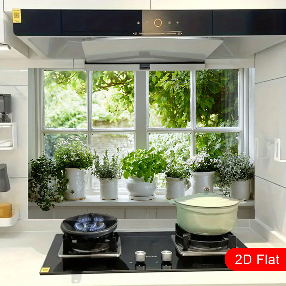 Image of 2d Flat Design 1pc Pots Of On The Windowsill, Full Of Greenery, Bringing Feel. Kitchen Wall Sticker, Easy To Apply, Durable, And Made Of High-quality Material. Ideal For Home Decor And Modern