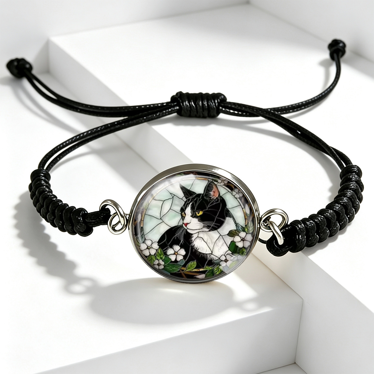 TEMU 1pc Stained & Floral Glass Bead Bracelet - Adjustable & White Suitable For , Braided With Glass Beads For Daily Wear, Parties, Gift, Accessory