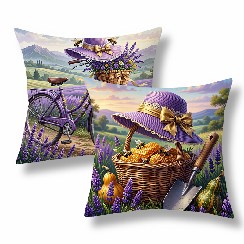 TEMU 2pcs Country Style Throw Pillow Covers, Decorative Cushion Cases, With Bicycle And Honey Basket Design, Purple Tone. Versatile Pillow Shams For