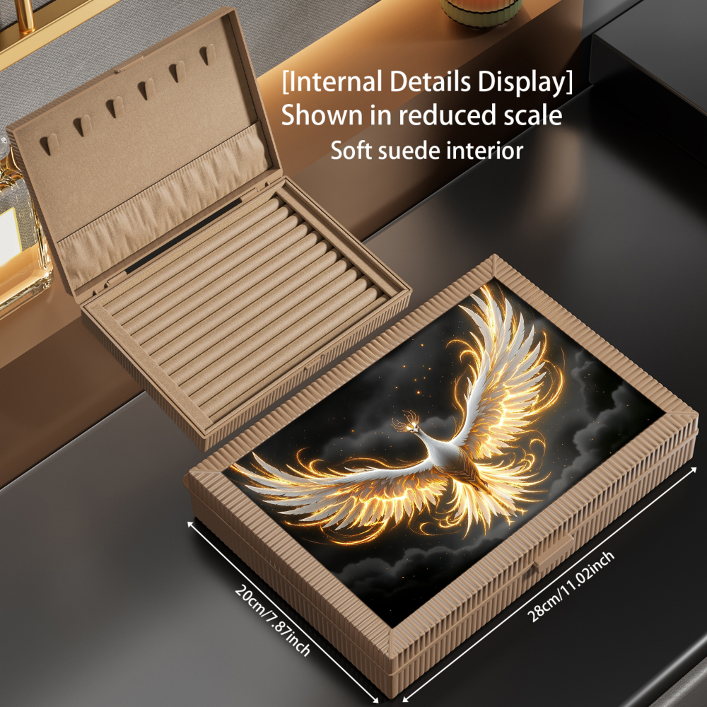 Golden Phoenix Pattern Print Velvet Jewelry Box, Elegant Storage