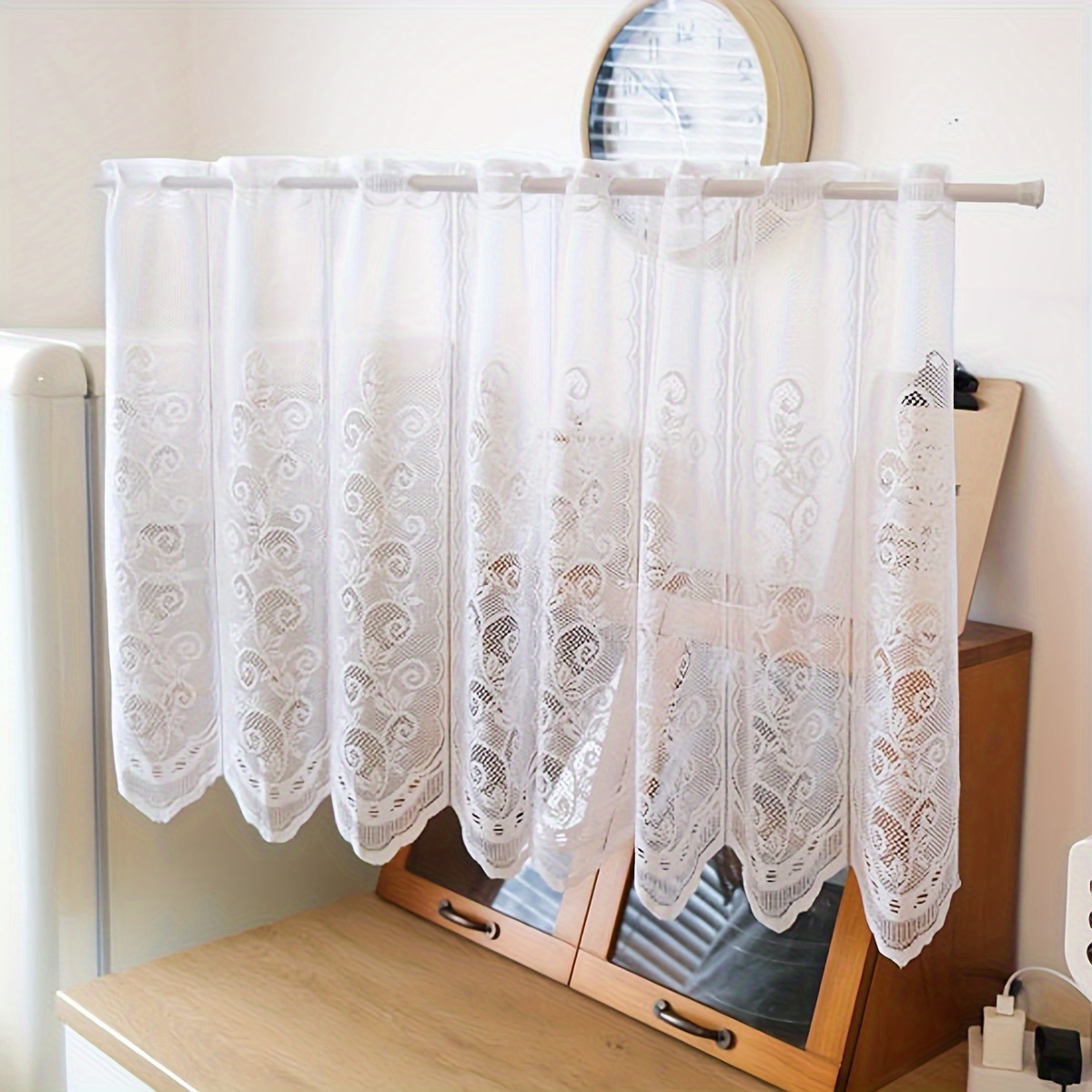 E-shop Sommer Vorhang im Bohemian-Stil mit Stangentasche | Geeignet für Küche, Schränke, Wohnzimmer, kleine Fenster, Spitzen-Hohlgewebe, klarer,