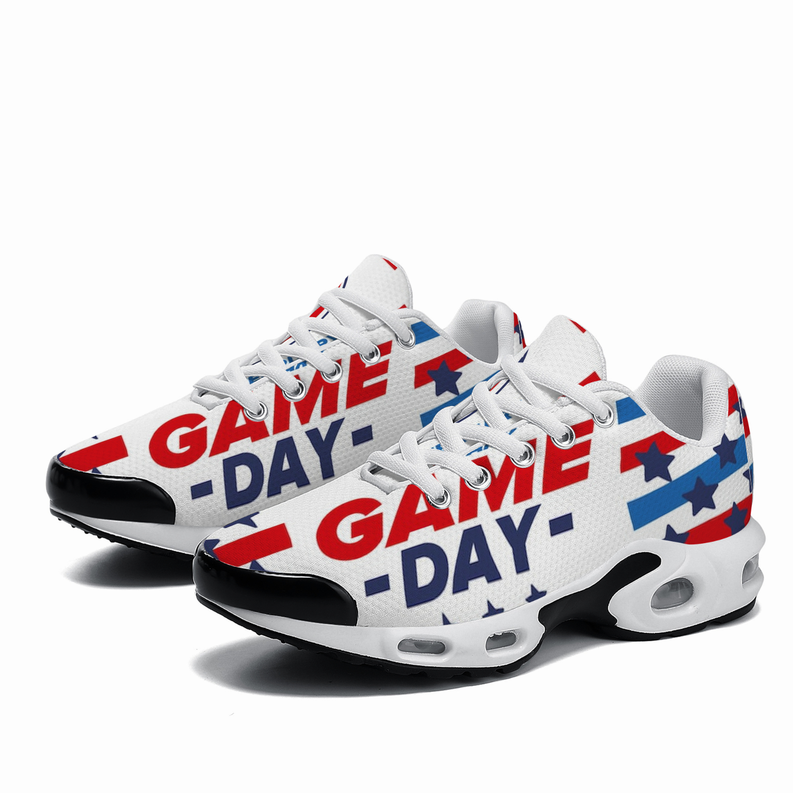   style game day air cushioned sneakers in red white and blue with a football pattern and   slogans comfortable cushioning for watching games or training   trendy shoes are   to turn heads