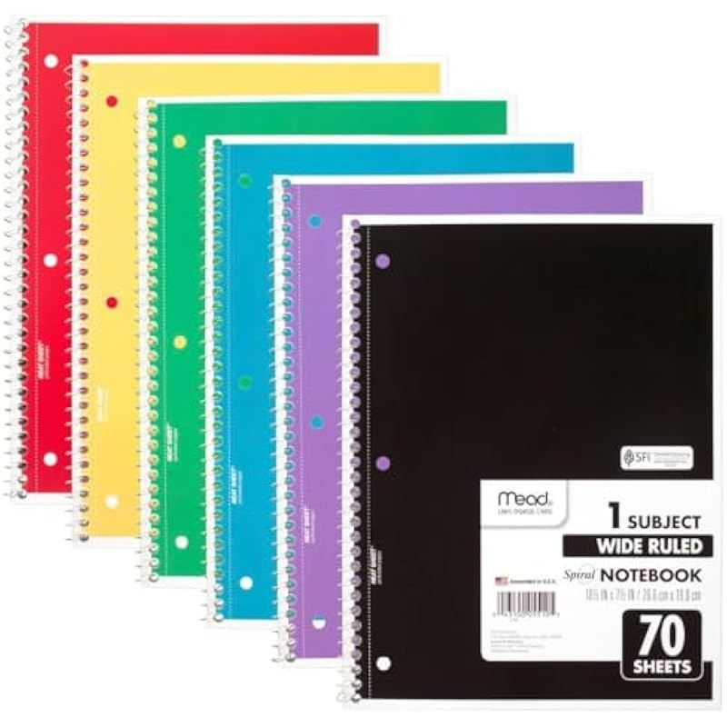 

6pcs Spiral Notebooks, 70 Sheets Each, Wide College Ruled Paper, Assorted Colors - Ideal For Organizing Notes & Tasks