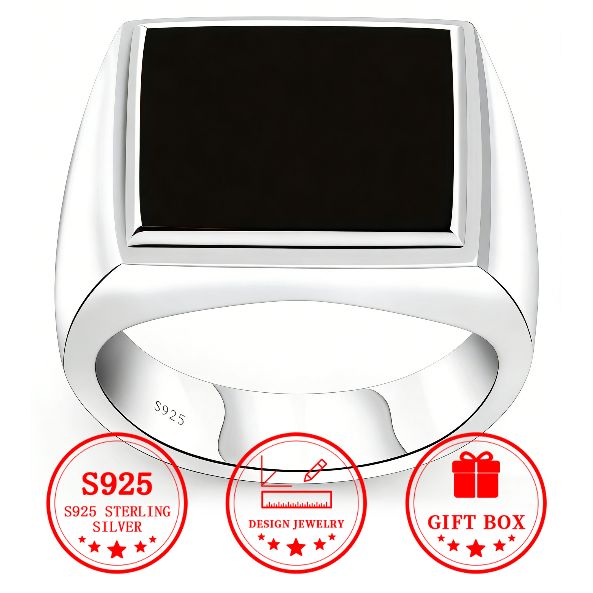 Men's Classic S925 Silver Wide Band Onyx Ring